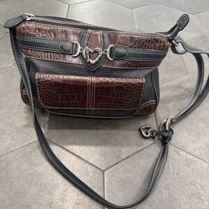 Brighton Brown Croc-Embossed and Black Leather Shoulder Bag with Heart Accent